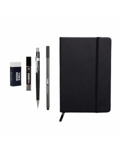 kit Papelaria Agenda Preta Lapiseira Grafite Caneta e Borracha Yins Paper