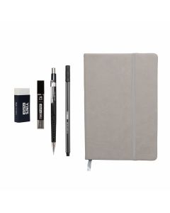 kit Papelaria Agenda Cinza Lapiseira Grafite Caneta e Borracha Yins Paper