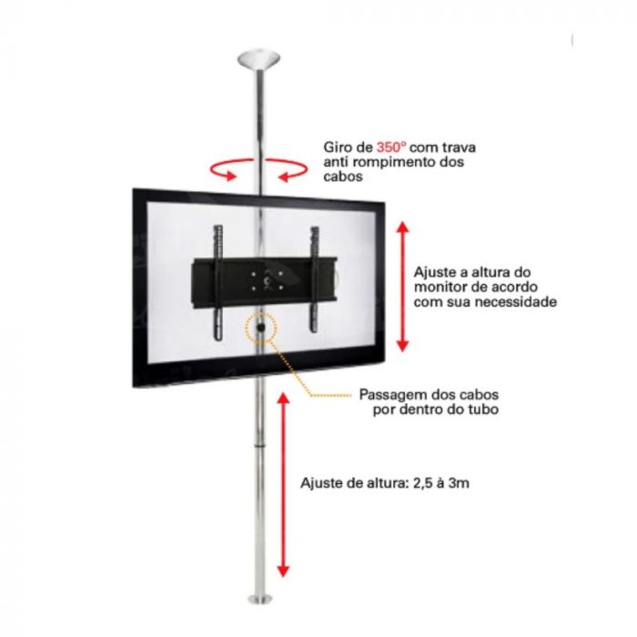 Suporte de Teto p/ TV 37 A 70 Rotação 360 Articulação Altura - ELETROHALEN  - Loja Especializada em Áudio